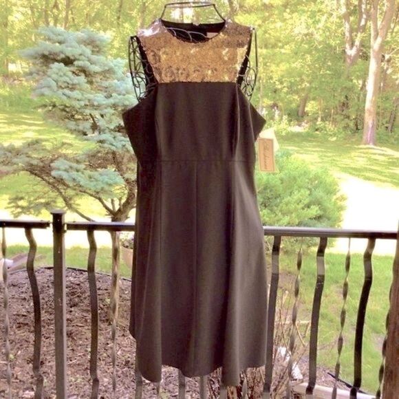 SHOSHANNA BLACK A-LINE SLEEVELESS GOLD EMBELLISHED YOKE SEQUIN DRESS 10 NWT - Picture 2 of 16